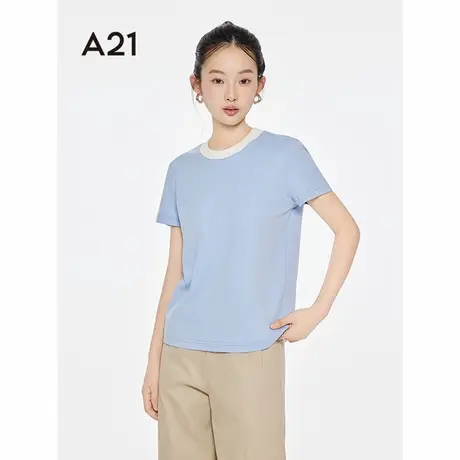 A21女装撞色拼接圆领短袖T恤2025夏季新款简约设计感百搭套头上衣图片