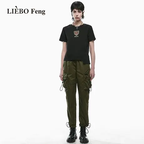 X裂帛LIEBOFeng商场同款2023年夏国潮复古刺绣甜酷黑色短袖T恤女商品大图