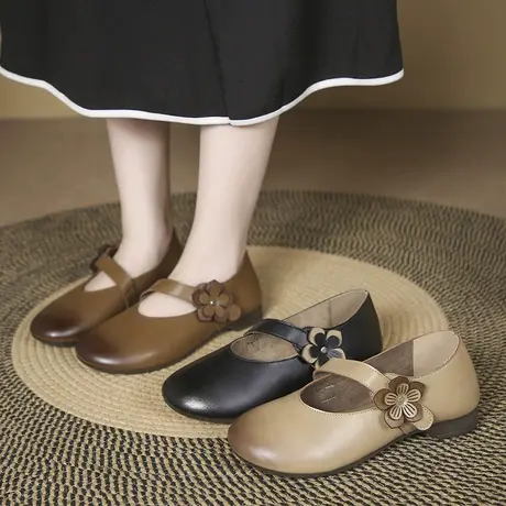 民族风女鞋夏款复古圆头软底软皮鞋手工花朵单鞋女文艺浅口平底鞋商品大图