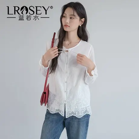 蓝若水大码女装镂空刺绣文艺衬衫2025秋装新款系带圆领法式上衣YL图片