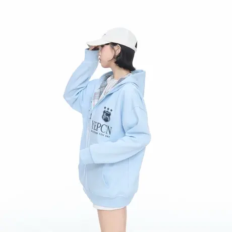 美式格子拼接字母印花连帽开衫卫衣女春秋新款宽松设计感外套上衣图片