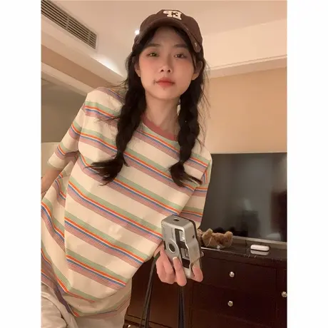 日系复古条纹短袖t恤女夏薄款宽松小衫减龄别致漂亮短款高腰上衣商品大图