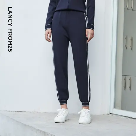 LANCY/朗姿2023秋季新款高腰小脚裤子女撞色高级感显瘦休闲裤商品大图
