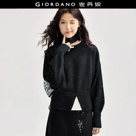 佐丹奴针织衫女装珠片圆领纽扣罗纹下摆毛织套头针织衫 18354816商品大图