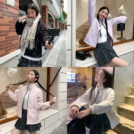 KV真维斯粉色立领宽松绒外套女2025新款冬季爆款加绒保暖开衫上衣商品大图