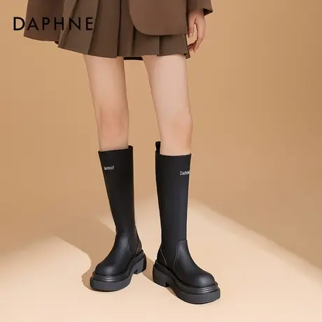 达芙妮不过膝中高筒长靴女黑色厚底增高骑士靴2025秋冬新款瘦瘦靴商品大图