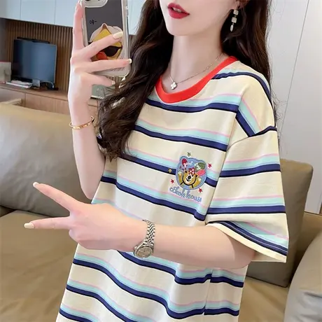 设计感小众短袖t恤女夏季韩版宽松大码女装时尚条纹半袖撞色上衣商品大图