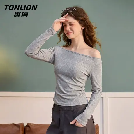 唐狮官方修身长袖t恤女2026新款春美式纯欲露肩上衣显瘦打底衫VC图片