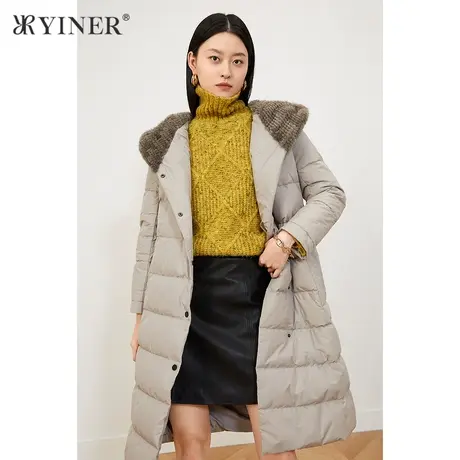 YINER音儿商场同款女装冬季新款长款水貂毛领连帽羽绒服商品大图