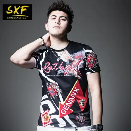 SXF圣希梵男装短袖t恤  新款欧美个性烫钻满花纯棉上衣男士体恤潮图片