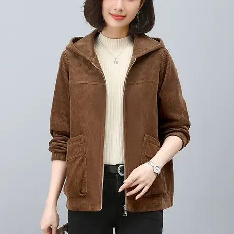 中老年妈妈休闲连帽外套女秋冬宽松加大码女装灯芯绒加厚保暖上衣商品大图