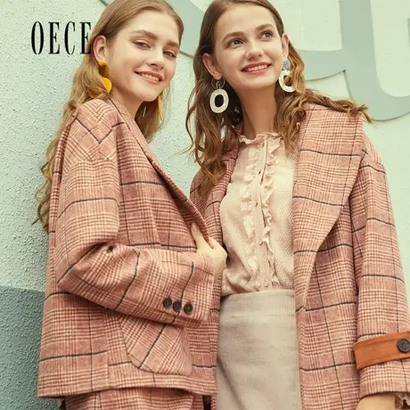【买1送1】Oece秋冬装新款 复古格子毛呢外套女中长款呢子大衣冬图片