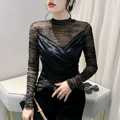 丝绒网纱拼接T恤女长袖性感字母印花上衣洋气修身假两件打底衫秋商品大图