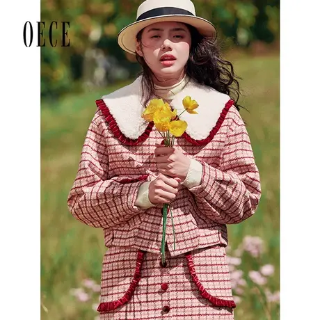 【买1送1】Oece2022冬装新款复古减龄小个子大衣格子毛呢外套商品大图