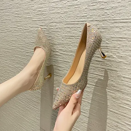 高跟鞋女2023年春秋新款宴会仙女风配裙子水钻细跟女神范尖头单鞋图片