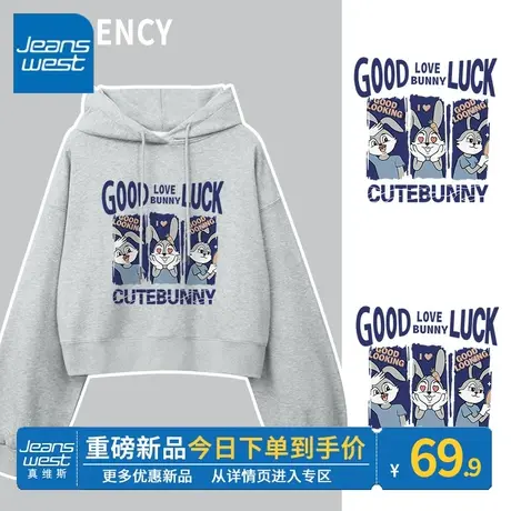 ZR真维斯卫衣女灰色2023新款春秋短款美式复古设计感连帽外套上衣图片