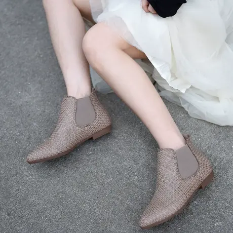 Artmu阿木原创复古真皮编织尖头短靴女平底切尔西靴2022新款裸靴图片