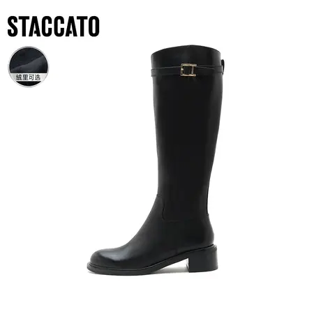 思加图冬季英伦风骑士靴粗跟长筒靴超长保暖加绒女靴EC304DC1商品大图