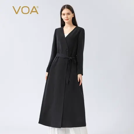 VOA30姆米重磅真丝V领长袖一纽扣系带收腰不对称长款桑蚕丝外套商品大图