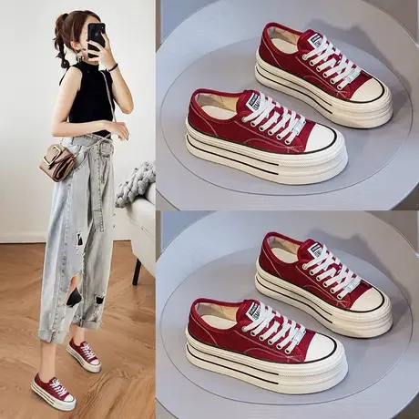 红色帆布板鞋女鞋2023新款春夏季百搭休闲单鞋增高厚底小白鞋女款商品大图