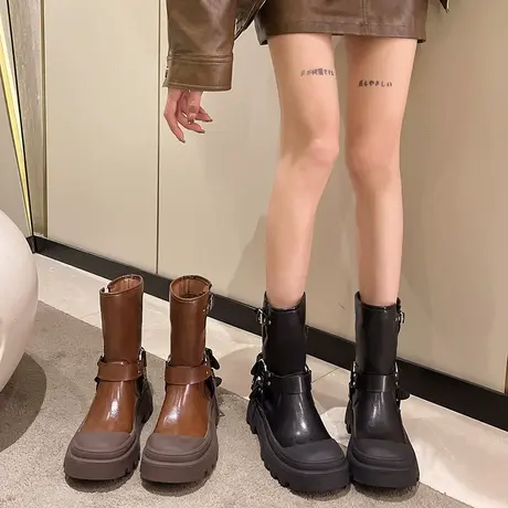 切尔西马丁靴女英伦风2023新款春秋欧货牛仔短靴厚底小个子中筒靴商品大图