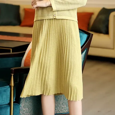 【1件7.9折】冬新款高腰大摆a字裙针织百褶短裙时尚百搭半身裙图片