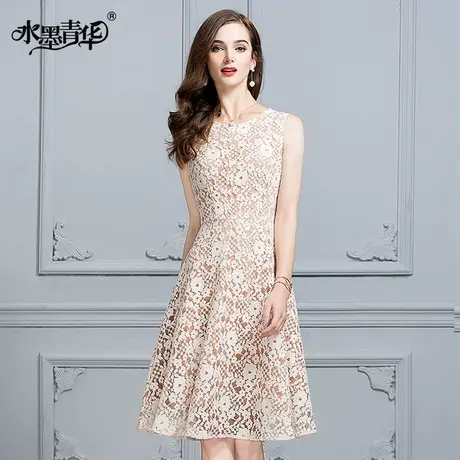 【1件7.9折】冬夏新品时尚简约修身A字裙优雅收腰无袖蕾丝连衣裙图片