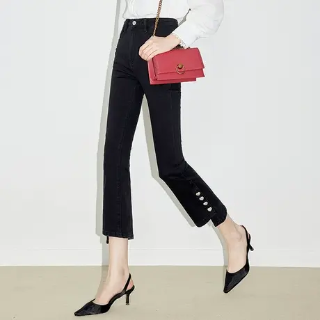 MISSCOCOON黑色牛仔裤女2023年新款春秋时尚高腰显瘦开叉微喇裤子图片