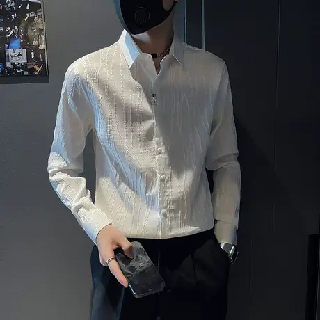 秋季男衬衫长袖衬衣修身潮流休闲发型师潮牌ins个性帅气条纹体恤商品大图