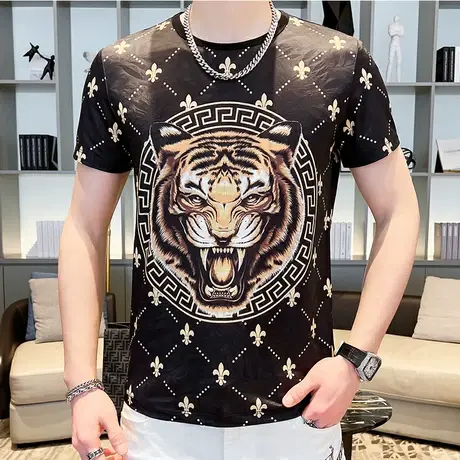 夏季新款短袖t恤男潮流ins青少年冰丝印提花T桖潮牌上衣时尚男装商品大图