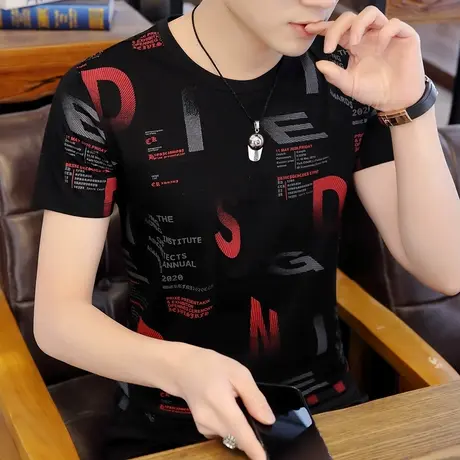 短袖男潮牌潮流男士t恤2023新款夏季衣服ins个性花色半袖体恤修身商品大图