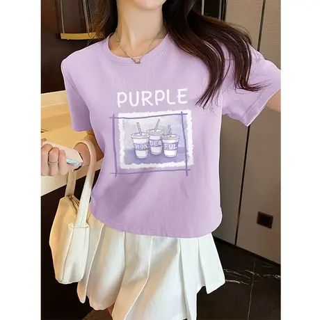 ZR真维斯紫色短款t恤女2023新款夏季小众修身设计感正肩短袖纯棉商品大图
