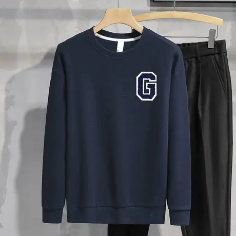 男士卫衣华夫格宽松潮流套头无帽上衣春秋款圆领长袖t恤休闲百搭商品大图