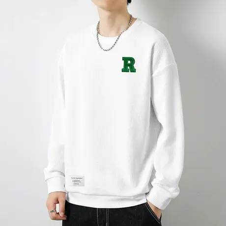 华夫格圆领卫衣男潮牌2024秋冬新款套头无帽白色长袖t恤潮流宽松商品大图