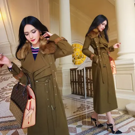 VJE秋冬装新款韩版通勤气质毛领系带中长款呢子大衣风衣外套女图片