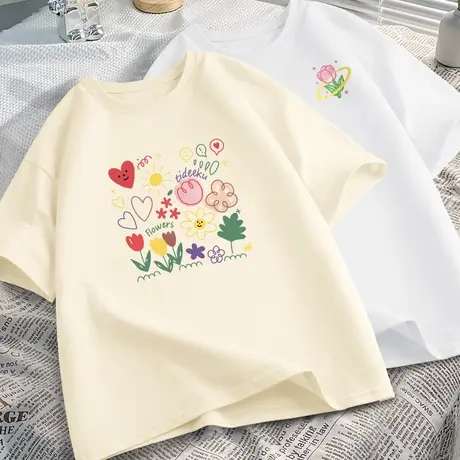 夏季米色短袖t恤女2023夏季新款百搭设计感上衣女生宽松纯棉半袖图片