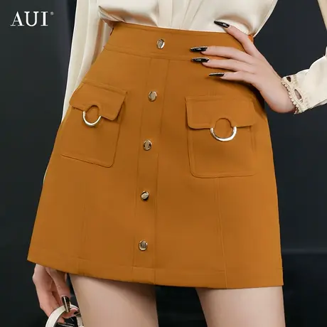 AUI焦糖色职业高腰半身裙女2023秋新款工装气质百搭通勤显瘦短裙图片