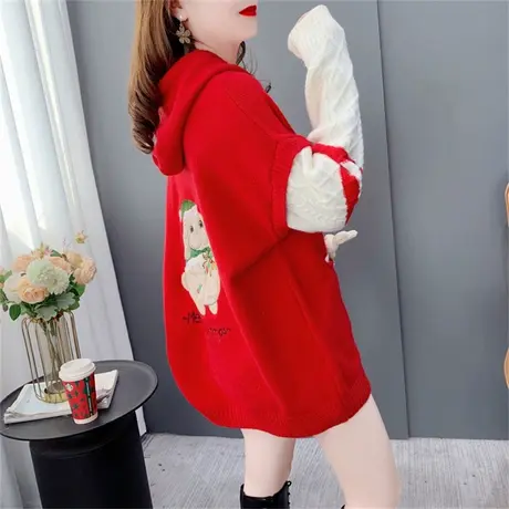 设计感红色连帽毛衣女秋冬2022年新款宽松慵懒风洋气减龄卡通上衣图片