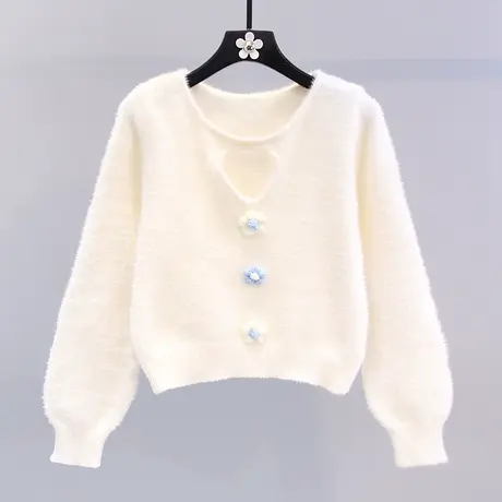 小清新立体小花水貂绒毛衣女秋冬2023新款日系设计感短款针织上衣图片