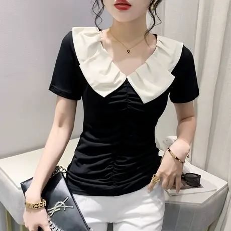 气质娃娃领短袖T恤女士夏装设计感拼色洋气上衣百搭显瘦半袖小衫商品大图