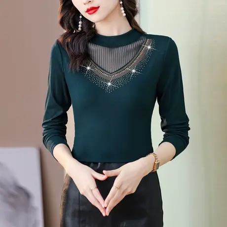 秋季长袖打底衫女2023新款秋冬装时尚镶钻网纱气质显瘦上衣t恤女商品大图