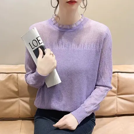 秋冬新款女士针织内搭毛衣时尚网纱木耳边钉珠洋气纯色长袖打底衫图片