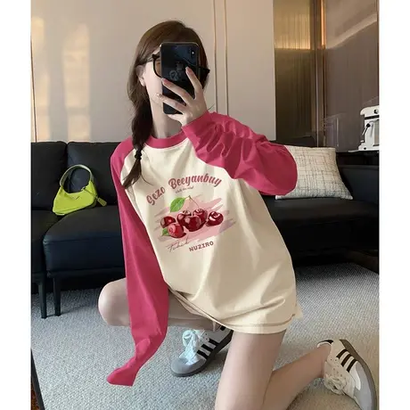粉杏撞色宽松oversize插肩t恤女2024新款秋冬内搭打底长袖上衣女商品大图