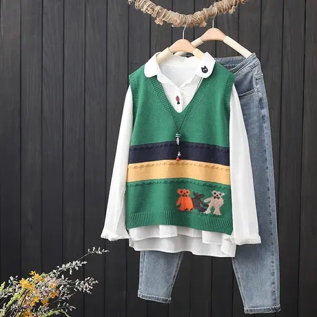 针织马甲女背心秋季新款文艺提花V领拼色无袖毛衣马夹坎肩上衣女图片