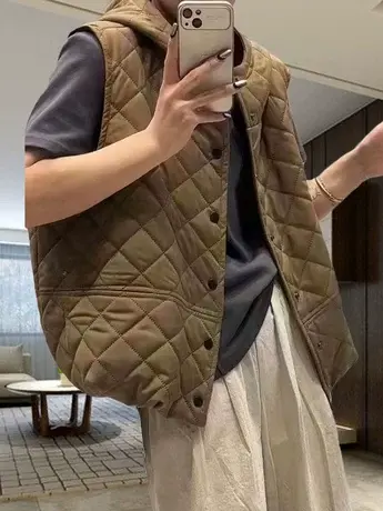 马甲女秋冬新款欧韩货阔版微胖显瘦短款连帽坎肩菱格夹棉马夹背心商品大图