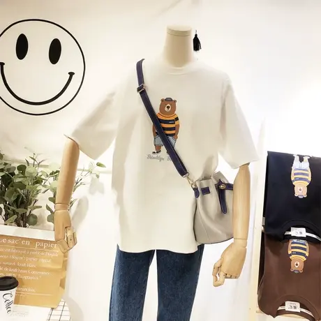 2020春夏韩国东大门chic文艺卡通小熊磨毛加厚半袖T恤大码打底衫图片