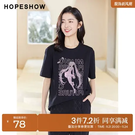 红袖outlets落肩印花T恤女装2022春季新款初音未来圆领套头T短袖商品大图