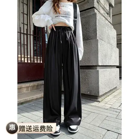 2023秋冬新款抽绳PU棕色皮裤宽松显瘦直筒长裤高腰阔腿裤皮裤女图片