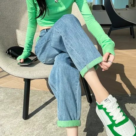 高腰牛仔裤女直筒春秋新款拼接浅绿色卷边宽松显瘦休闲哈伦老爹裤商品大图