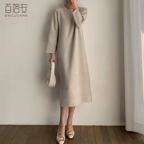 百洛安气质圆领针织连衣裙女2023秋冬新款宽松长款过膝打底毛衣潮图片